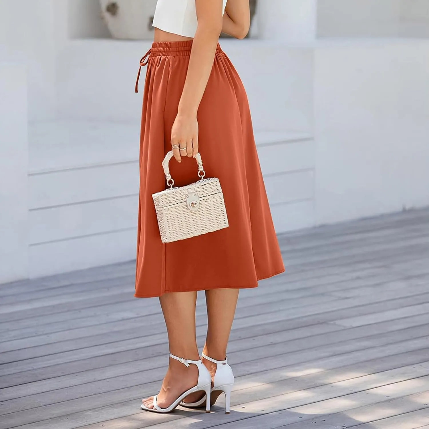 Beach Skirts for Women Drawstring Elastic Waist Summer Midi Skirt A Line Smocked Skirts Knee Length with Pockets