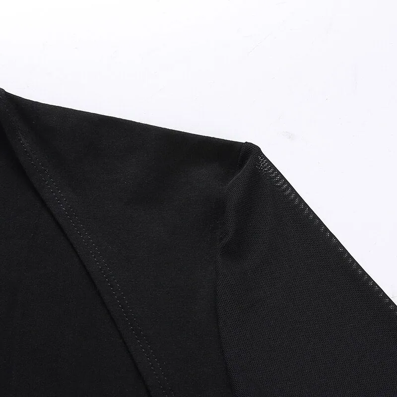 Black Vintage Crop Top Square Collar Sequined Mesh Patchwork Long Sleeve