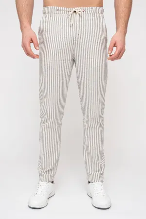 Blue Striped Mens Tapered Linen Pants Trousers Relaxed Fit