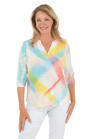 Coral Checkered High-Low Eyelet Top