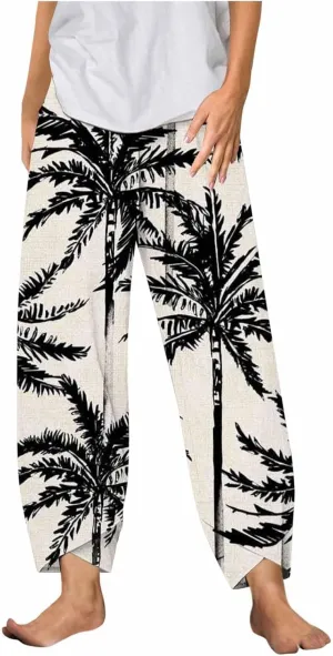 Cotton Linen Casual Summer Capri Pants for Women Cropped Comfy Baggy Trousers Palazzo Lounge Pants, Medium