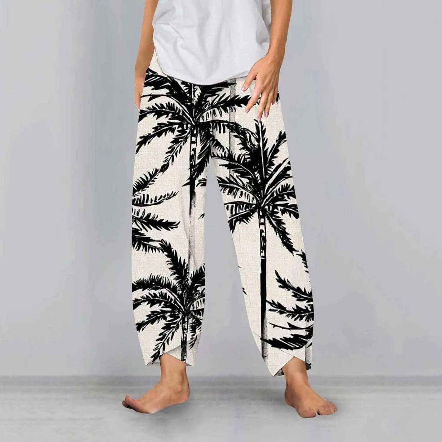 Cotton Linen Casual Summer Capri Pants for Women Cropped Comfy Baggy Trousers Palazzo Lounge Pants, Medium