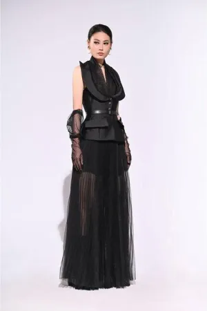 Elegant sleeveless peplum mesh filet blazer- Coco