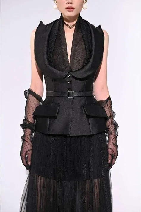 Elegant sleeveless peplum mesh filet blazer- Coco
