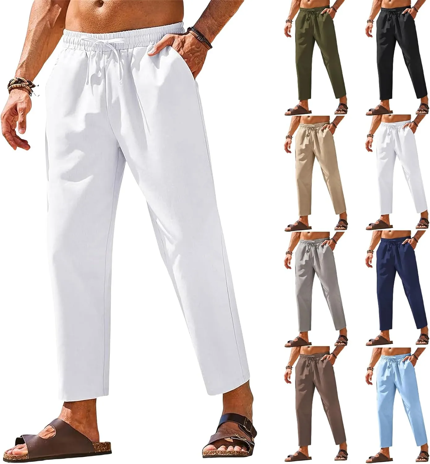 evzosrz Casual Beach Pants for Men Cotton Linen Summer Fashion Lightweight Yoga Trousers Drawstring Elastic Waist Lounge Pant