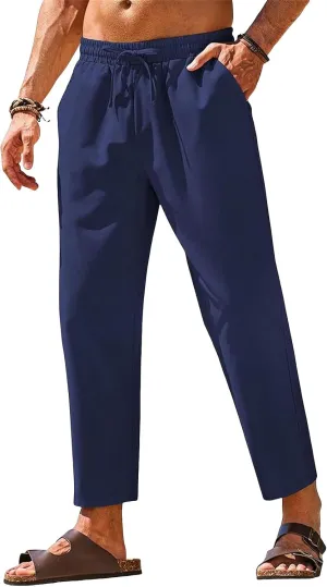 evzosrz Casual Beach Pants for Men Cotton Linen Summer Fashion Lightweight Yoga Trousers Drawstring Elastic Waist Lounge Pant