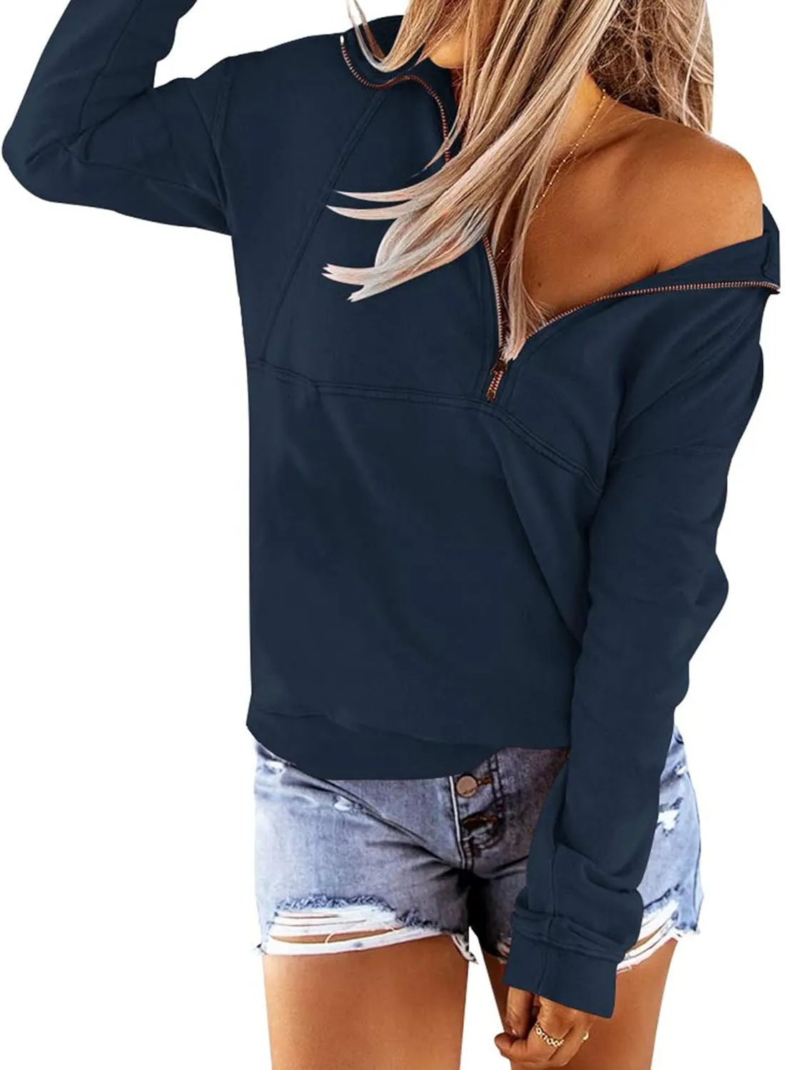 Floral Find Women's Long Sleeve Lapel Half Zip Up Sweatshirt Solid Stylish Loose Fit Casual Pullover Tops