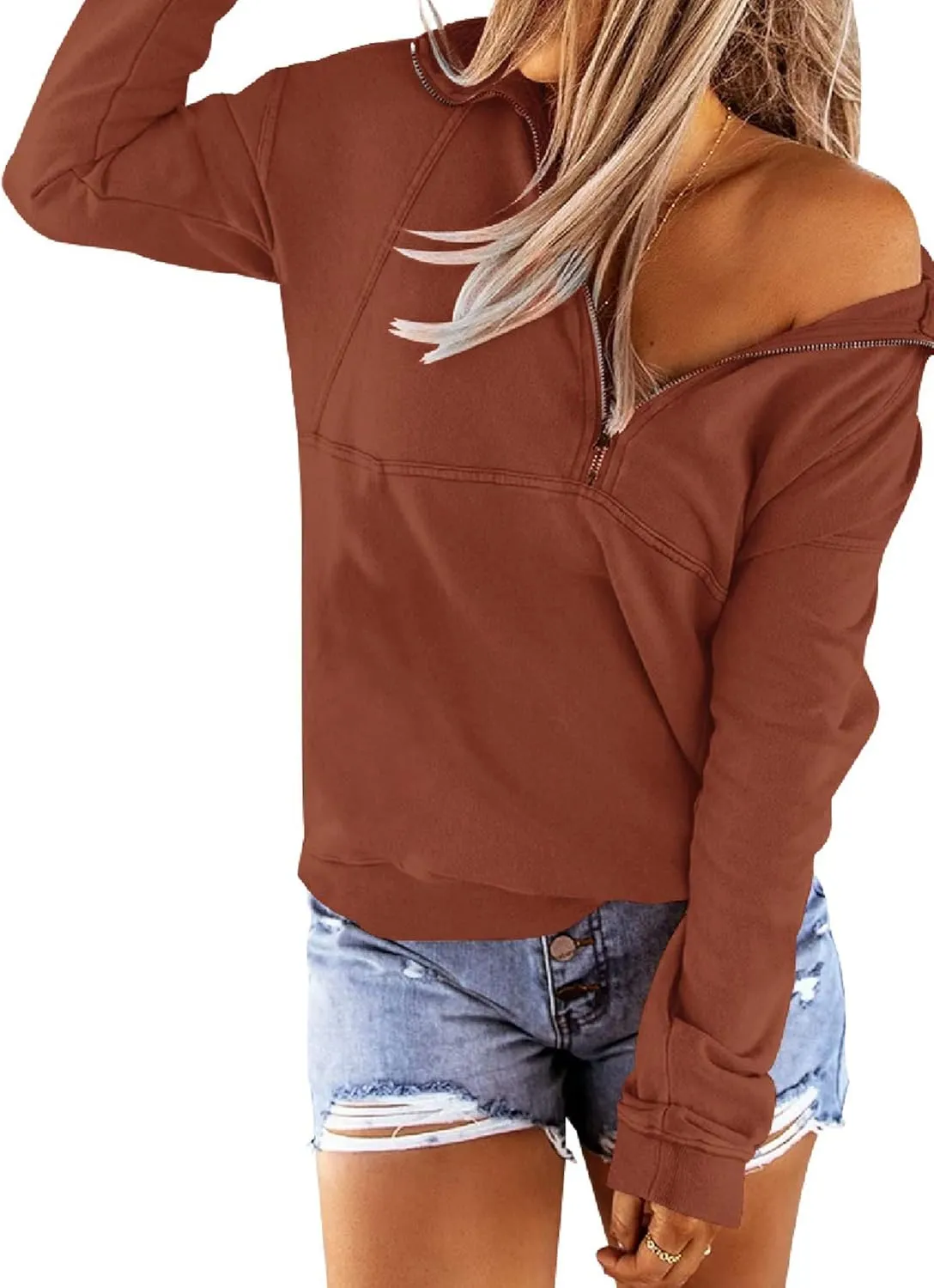 Floral Find Women's Long Sleeve Lapel Half Zip Up Sweatshirt Solid Stylish Loose Fit Casual Pullover Tops