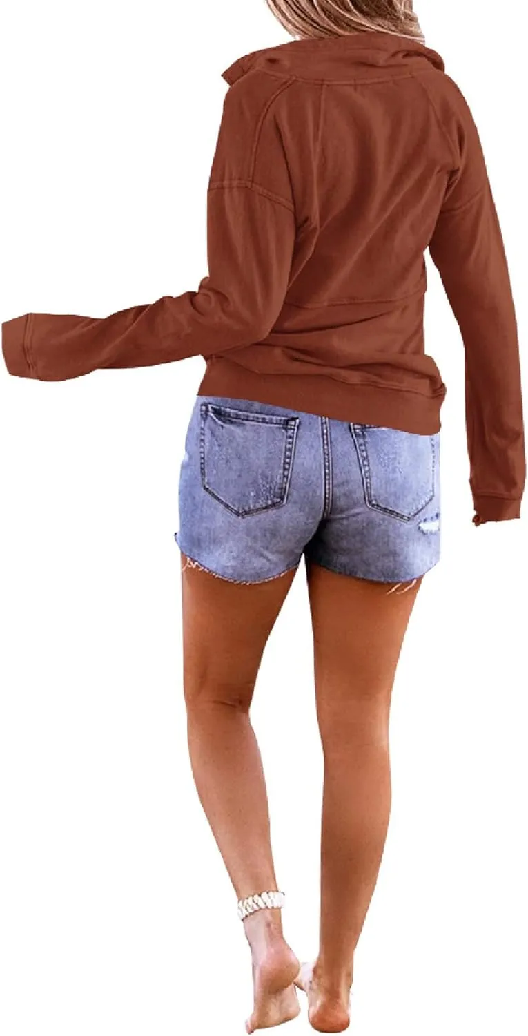 Floral Find Women's Long Sleeve Lapel Half Zip Up Sweatshirt Solid Stylish Loose Fit Casual Pullover Tops