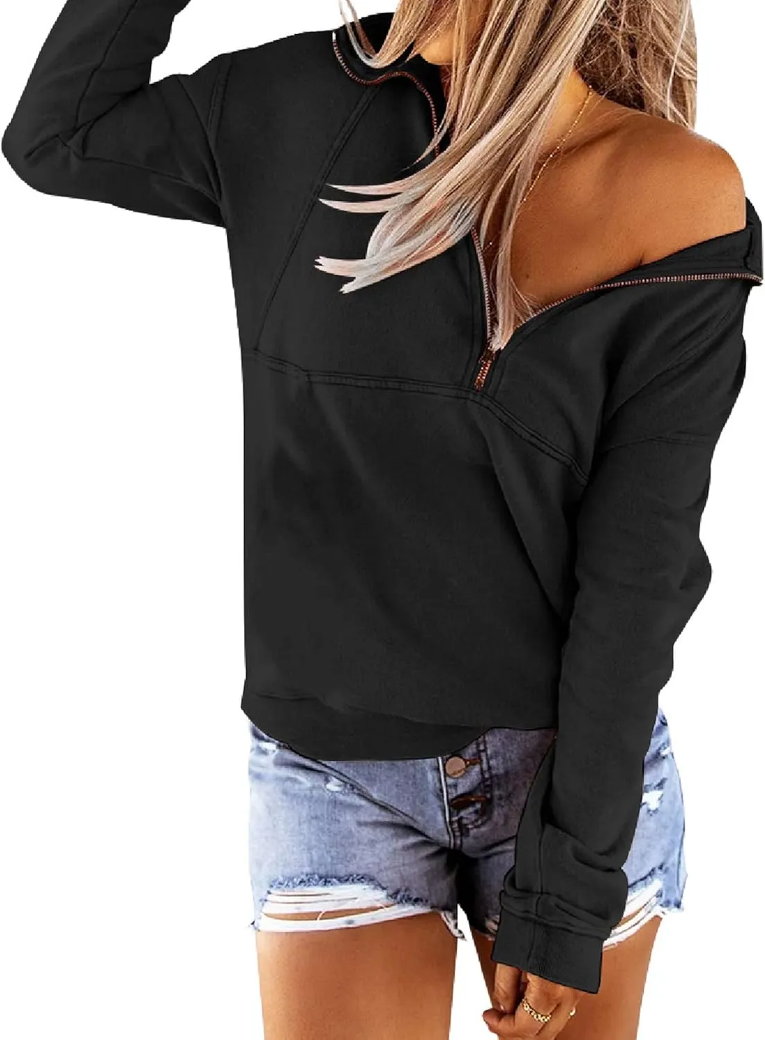 Floral Find Women's Long Sleeve Lapel Half Zip Up Sweatshirt Solid Stylish Loose Fit Casual Pullover Tops