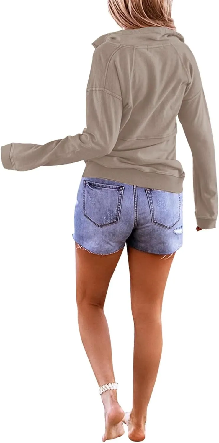 Floral Find Women's Long Sleeve Lapel Half Zip Up Sweatshirt Solid Stylish Loose Fit Casual Pullover Tops