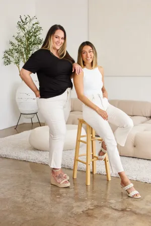 Full Size Tummy Control High Waist Raw Hem Jeans Off White