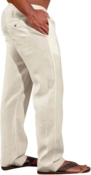 GIERIDUC Men's Casual Linen Pants Elastic Waist Drawstring Yoga Beach Pants Lightweight Loose Fit Hippie Trouser with Pockets