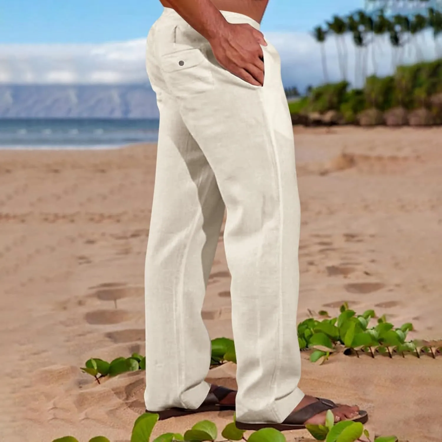 GIERIDUC Men's Casual Linen Pants Elastic Waist Drawstring Yoga Beach Pants Lightweight Loose Fit Hippie Trouser with Pockets