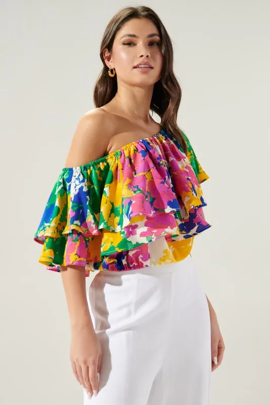 Gypsum Floral Charmer One Shoulder Ruffle Top