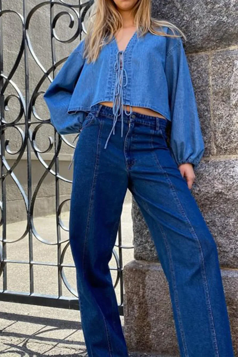 HTS1238 Boho Lace-Up Denim Top