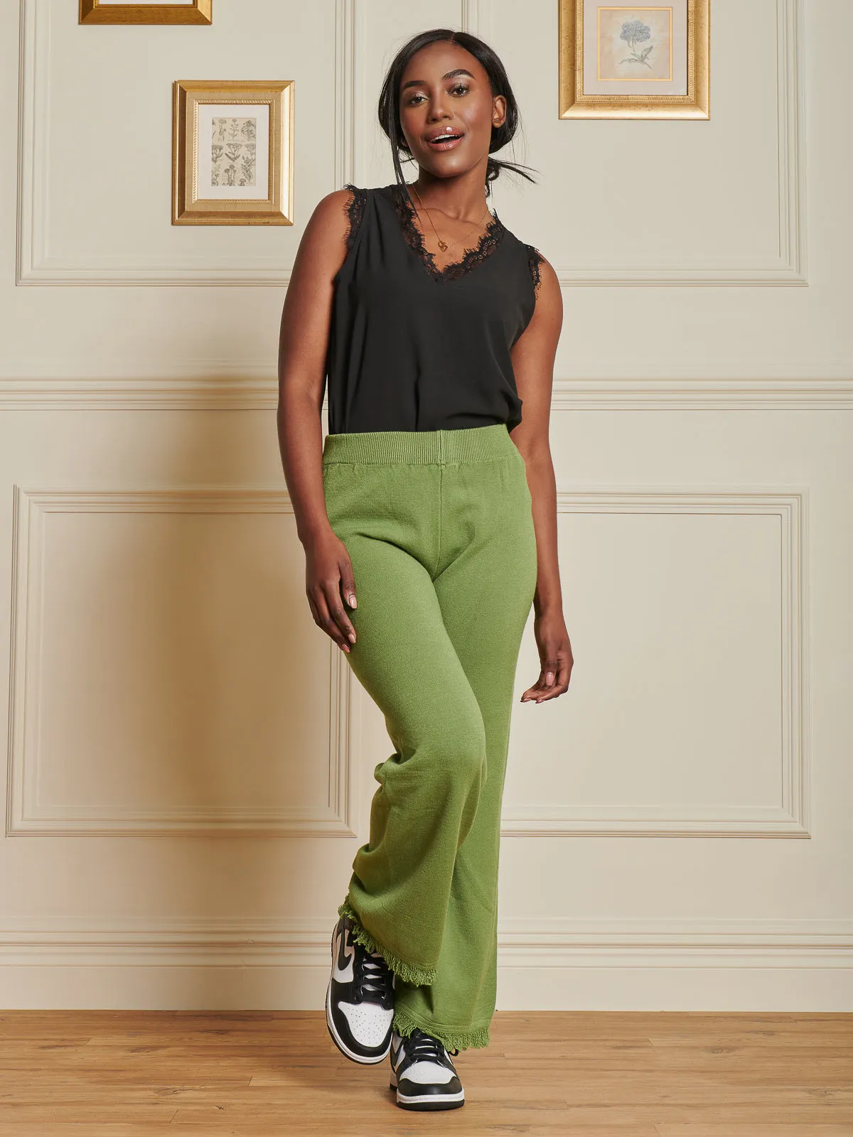 Knitted Fringe Detail Trousers, Olive Green