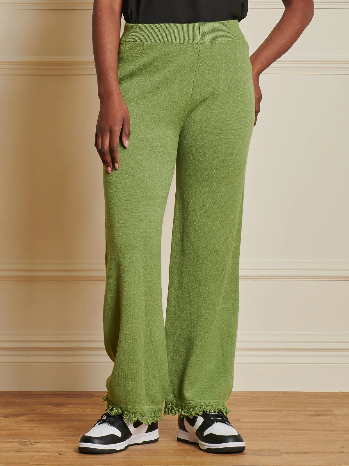 Knitted Fringe Detail Trousers, Olive Green