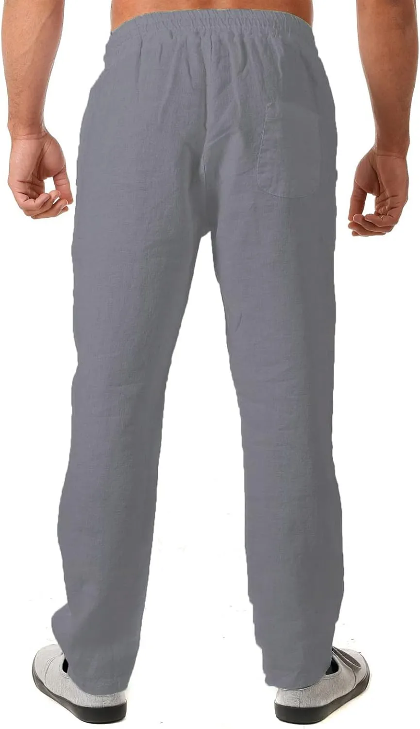 Linen Pants for Men 2023 Casual Stylish Drawstring Cotton Trousers Regular Fit Elastic Waist Solid Straight Legs