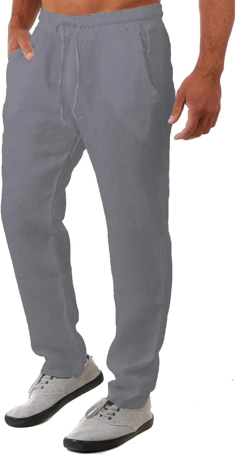 Linen Pants for Men 2023 Casual Stylish Drawstring Cotton Trousers Regular Fit Elastic Waist Solid Straight Legs