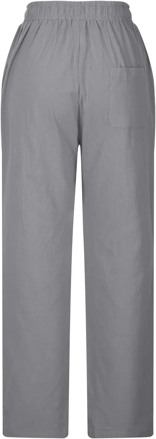 Linen Pants for Men 2023 Casual Stylish Drawstring Cotton Trousers Regular Fit Elastic Waist Solid Straight Legs