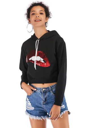 Lip Print Sequined Drawstring Crop Sweatshirt