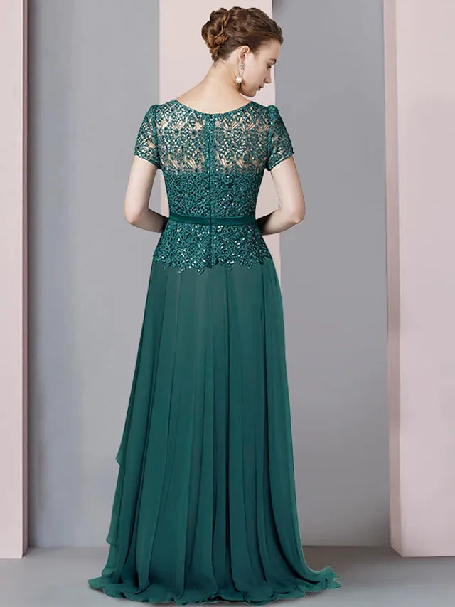 Luolandi A-Line Mother of the Bride Dress Formal Party Sparkle & Shine Elegant V Neck Floor Length Chiffon Sequined Short Sleeve with Pleats
