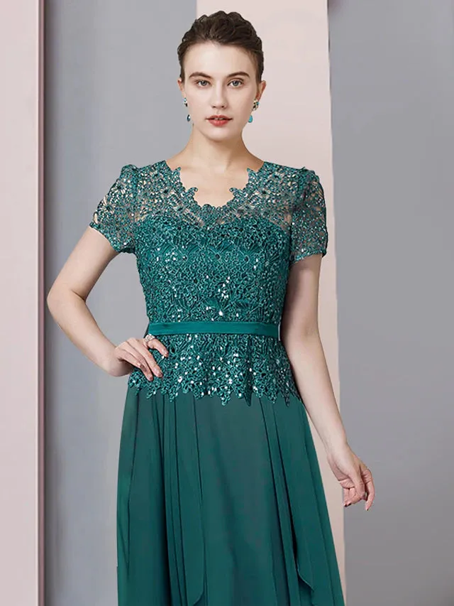 Luolandi A-Line Mother of the Bride Dress Formal Party Sparkle & Shine Elegant V Neck Floor Length Chiffon Sequined Short Sleeve with Pleats