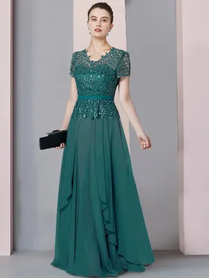 Luolandi A-Line Mother of the Bride Dress Formal Party Sparkle & Shine Elegant V Neck Floor Length Chiffon Sequined Short Sleeve with Pleats