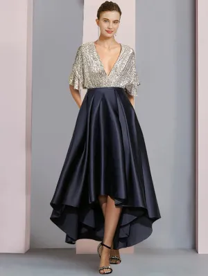 Luolandi A-Line Mother of the Bride Dress Wedding Guest Elegant Sparkle & Shine High Low V Neck Asymmetrical Tea Length Satin Sequined Short Sleeve