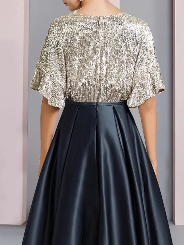 Luolandi A-Line Mother of the Bride Dress Wedding Guest Elegant Sparkle & Shine High Low V Neck Asymmetrical Tea Length Satin Sequined Short Sleeve