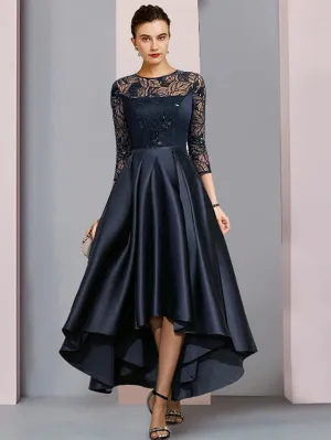 Luolandi A-Line Mother of the Bride Dress Wedding Guest Vintage Party Jewel Neck Asymmetrical Satin Lace Sequined Half Sleeve