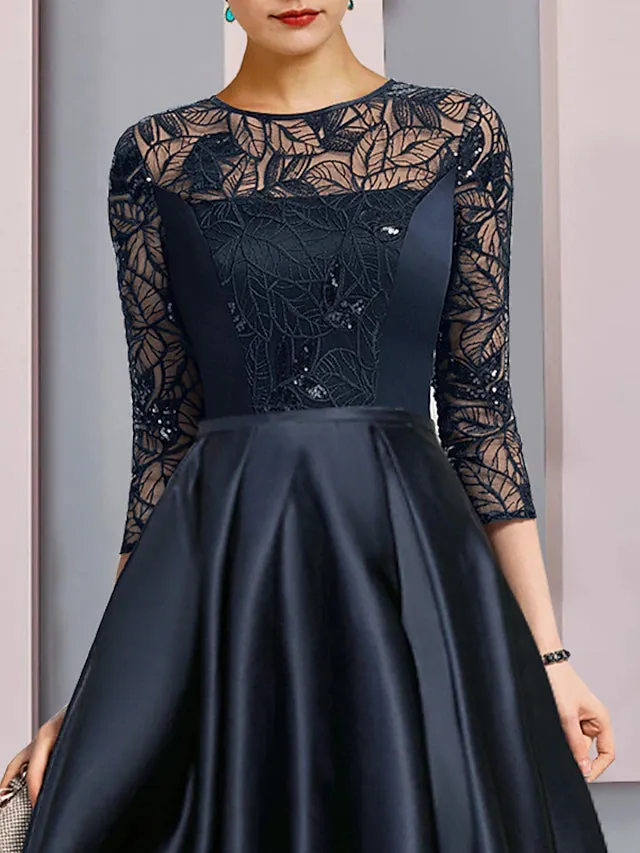 Luolandi A-Line Mother of the Bride Dress Wedding Guest Vintage Party Jewel Neck Asymmetrical Satin Lace Sequined Half Sleeve