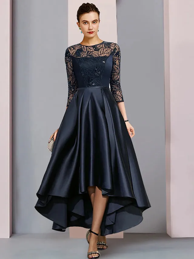 Luolandi A-Line Mother of the Bride Dress Wedding Guest Vintage Party Jewel Neck Asymmetrical Satin Lace Sequined Half Sleeve