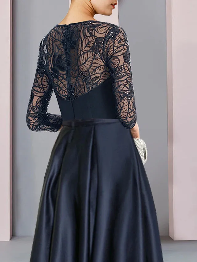 Luolandi A-Line Mother of the Bride Dress Wedding Guest Vintage Party Jewel Neck Asymmetrical Satin Lace Sequined Half Sleeve