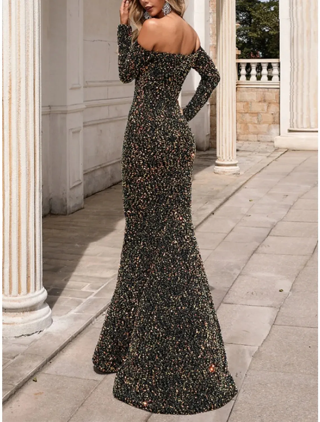 Luolandi Mermaid / Trumpet Evening Gown Sparkle & Shine Black Dress Formal Fall Sweep / Brush Train Long Sleeve Off Shoulder Sequined with Glitter Pleats Elegant