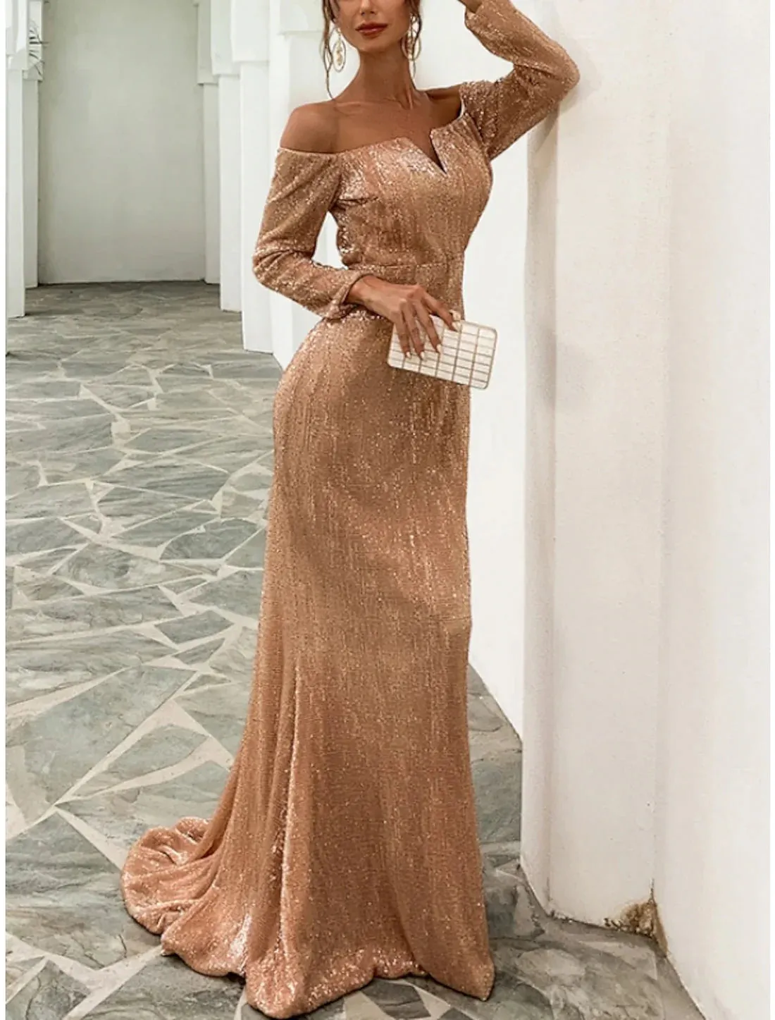 Luolandi Mermaid / Trumpet Evening Gown Sparkle & Shine Black Dress Formal Fall Sweep / Brush Train Long Sleeve Off Shoulder Sequined with Glitter Pleats Elegant