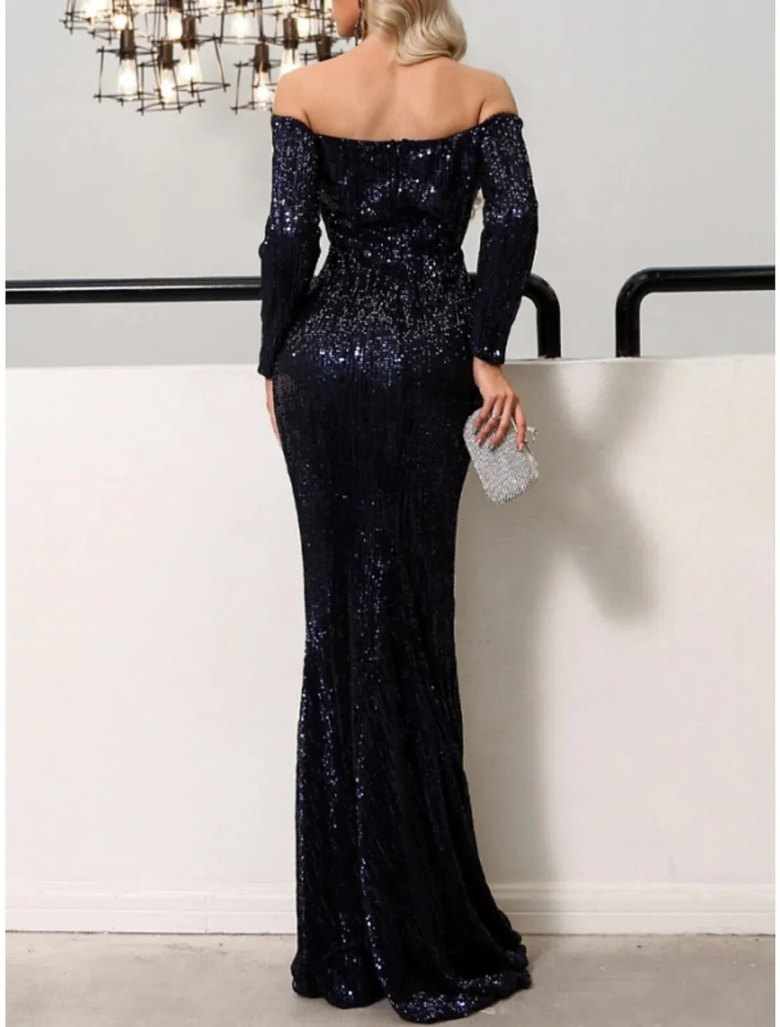 Luolandi Mermaid / Trumpet Evening Gown Sparkle & Shine Black Dress Formal Fall Sweep / Brush Train Long Sleeve Off Shoulder Sequined with Glitter Pleats Elegant