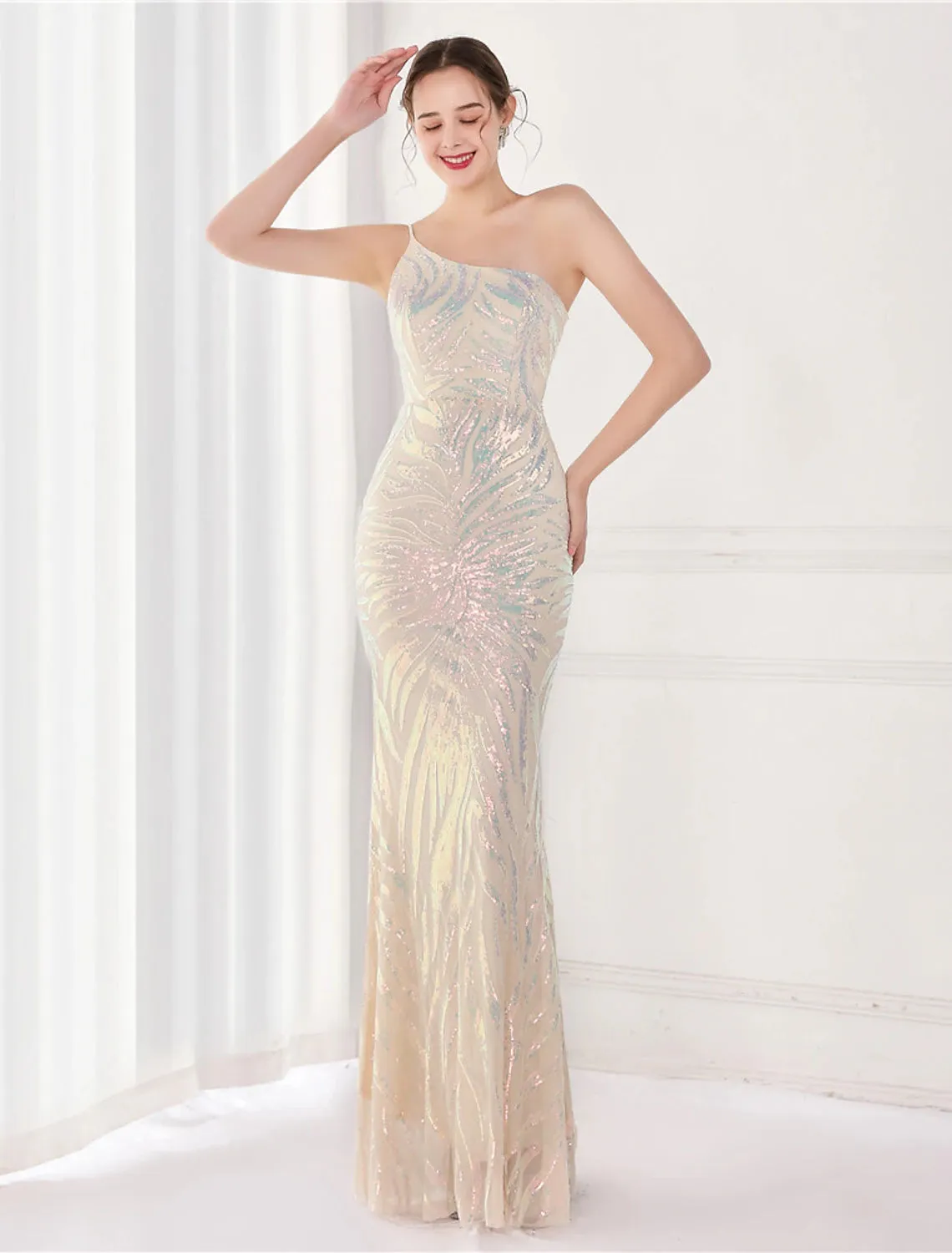 Luolandi Mermaid / Trumpet Evening Gown Sparkle & Shine Dress Formal Floor Length Sleeveless One Shoulder Sequined