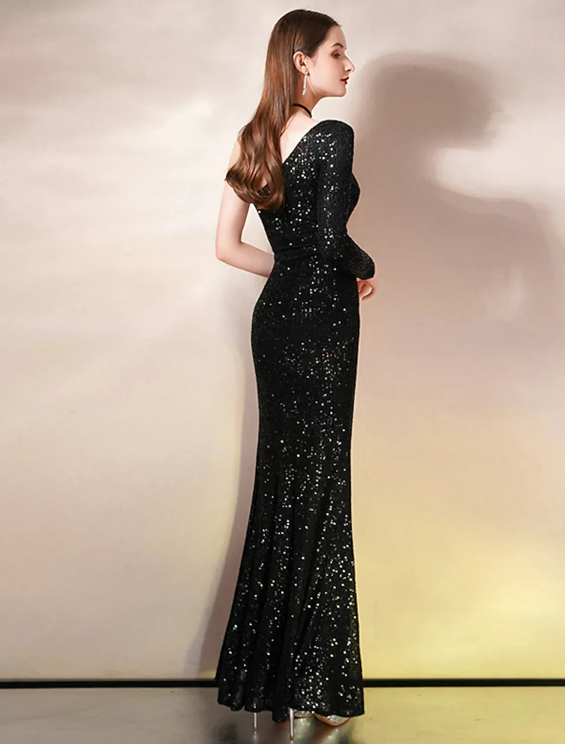 Luolandi Mermaid / Trumpet Evening Gown Sparkle Dress Wedding Guest Prom Floor Length Sleeveless One Shoulder Sequined