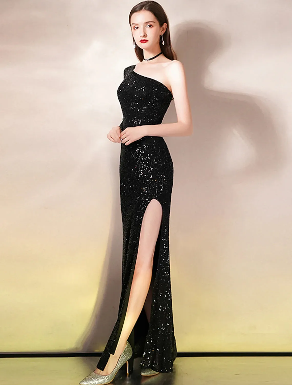 Luolandi Mermaid / Trumpet Evening Gown Sparkle Dress Wedding Guest Prom Floor Length Sleeveless One Shoulder Sequined