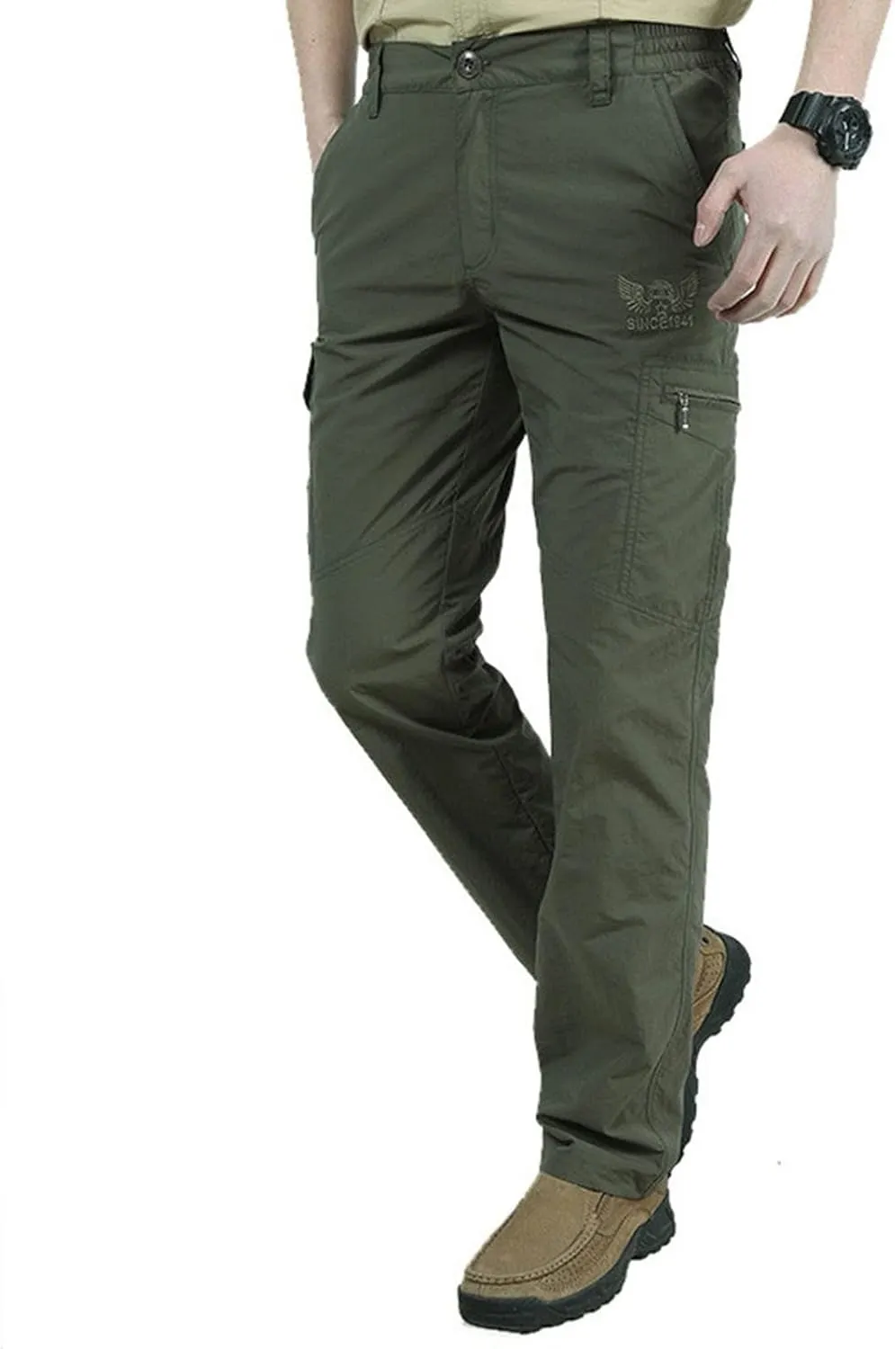 Men's Athletic Pants Casual Stylish Buckle Zipper Solid Cargo Pants Multi Pockets Fashion Work Utility Trousers