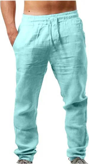 Mens Big and Tall Drawstring Stretch Cotton Linen Pants Casual Stylish Solid Beach Sport Loose Trousers Fashion