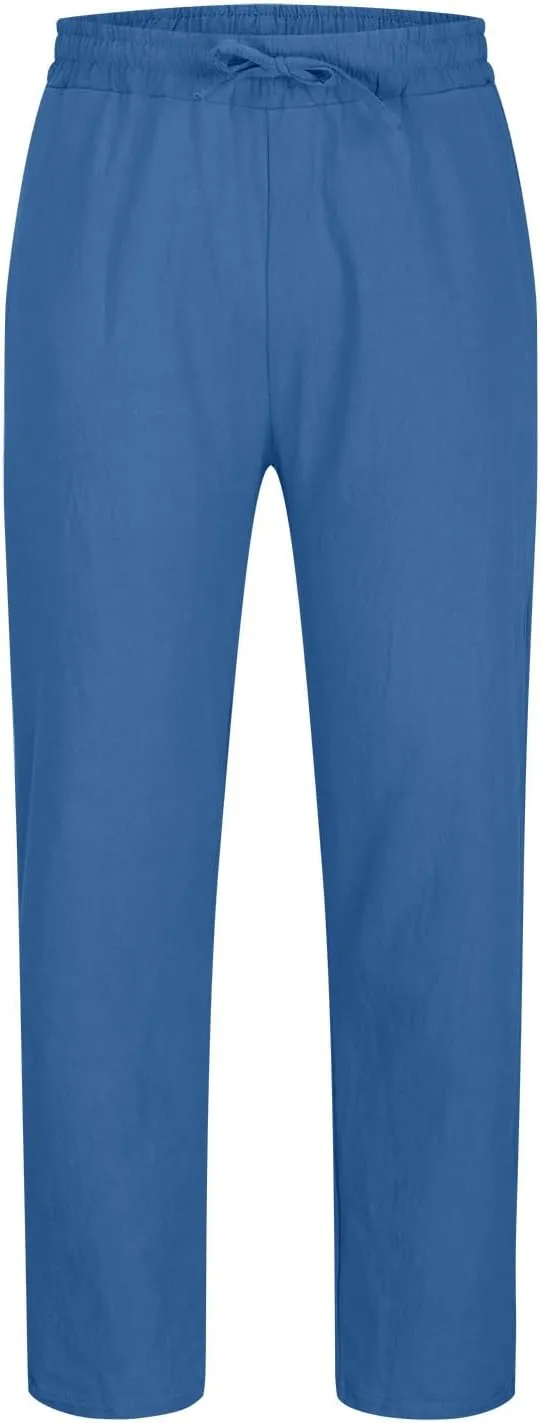 Mens Big and Tall Drawstring Stretch Cotton Linen Pants Casual Stylish Solid Beach Sport Loose Trousers Fashion