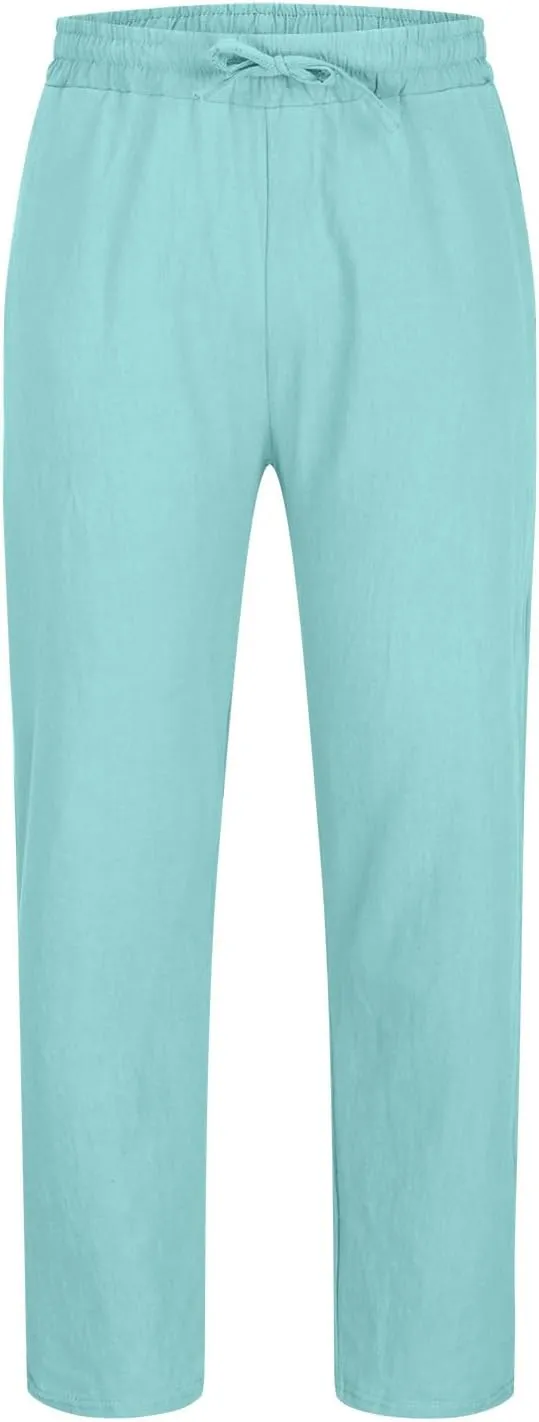 Mens Big and Tall Drawstring Stretch Cotton Linen Pants Casual Stylish Solid Beach Sport Loose Trousers Fashion