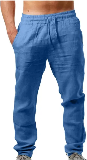Mens Big and Tall Drawstring Stretch Cotton Linen Pants Casual Stylish Solid Beach Sport Loose Trousers Fashion