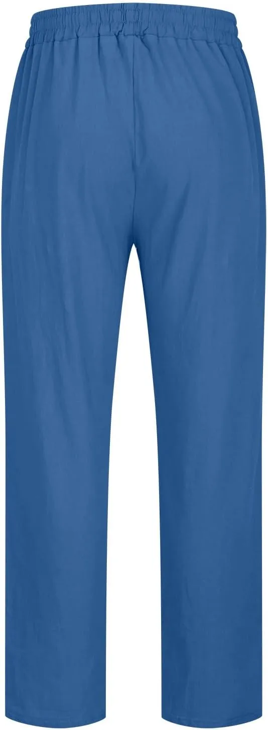 Mens Big and Tall Drawstring Stretch Cotton Linen Pants Casual Stylish Solid Beach Sport Loose Trousers Fashion