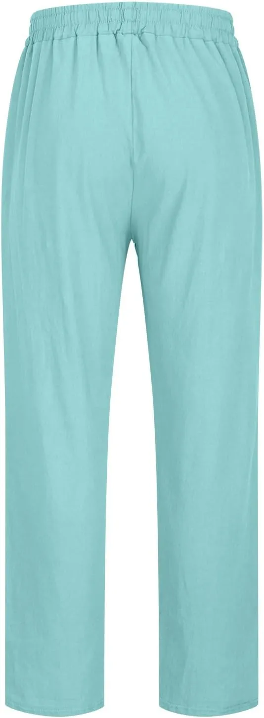Mens Big and Tall Drawstring Stretch Cotton Linen Pants Casual Stylish Solid Beach Sport Loose Trousers Fashion