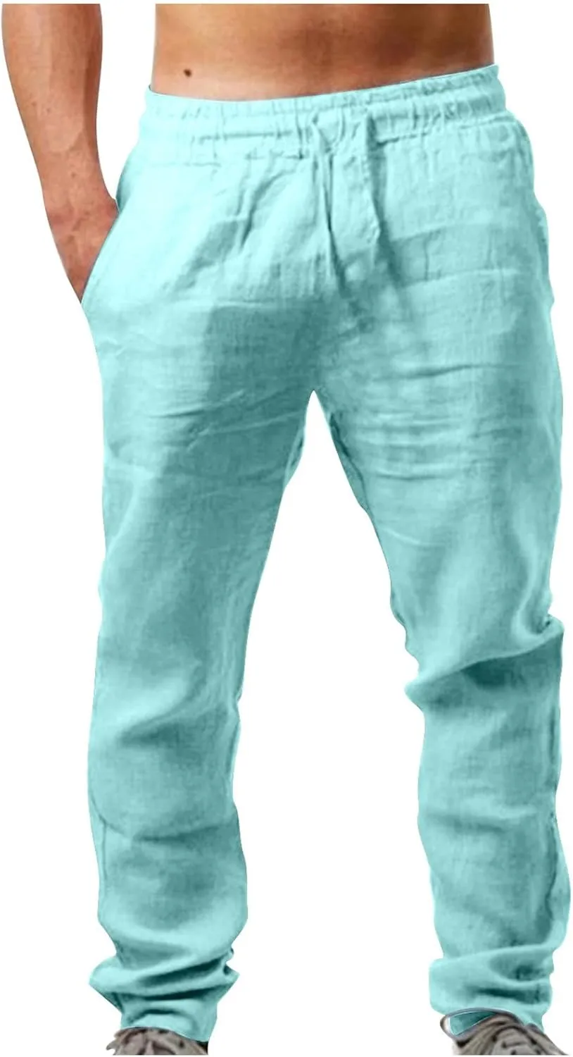 Mens Big and Tall Drawstring Stretch Cotton Linen Pants Casual Stylish Solid Beach Sport Loose Trousers Fashion