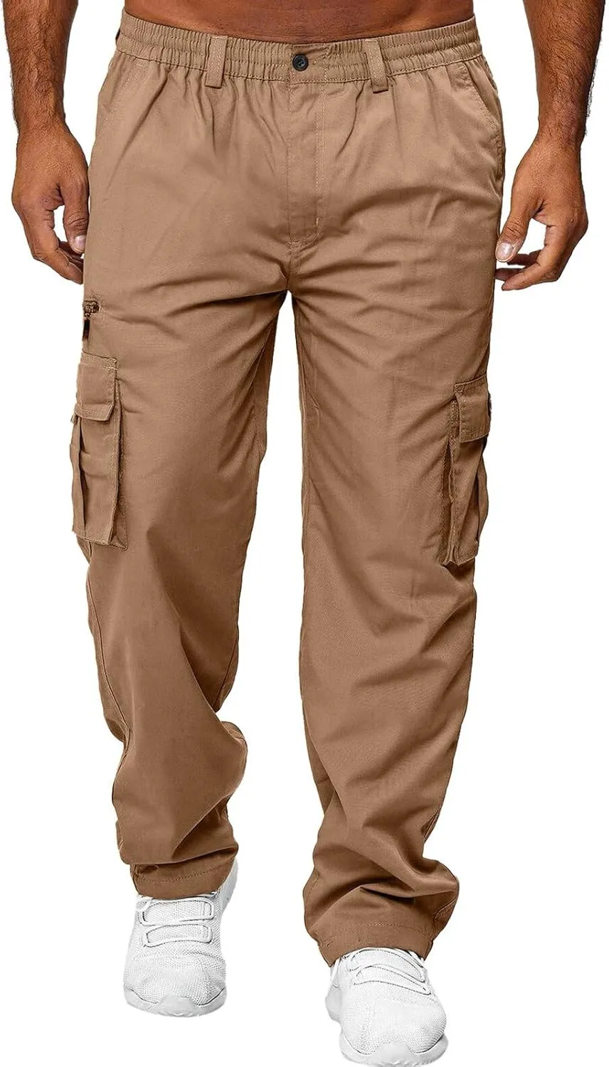 Mens Cargo Joggers Pants Casual Twill Chino Cotton Elastic Drawstring Outdoor Hiking Sweatpants Pants